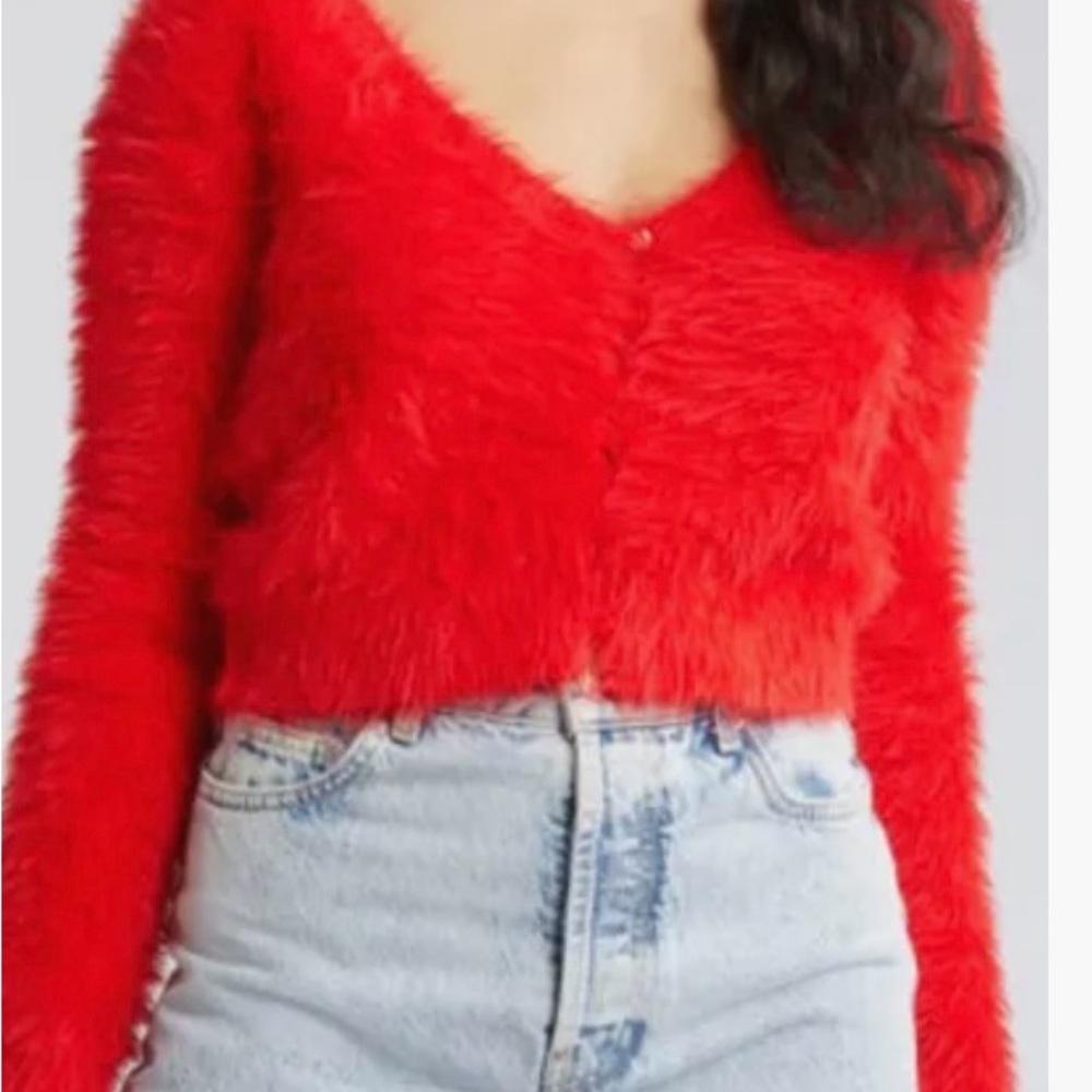 NWT Open Edit Eyelash Knit Crop Cardigan in Red Goji